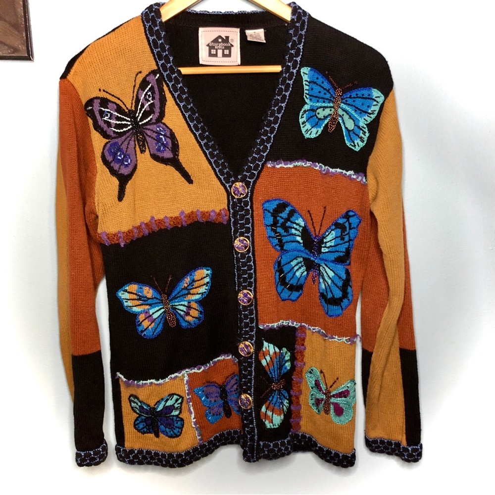Storybook Knits Vintage Whimsigoth Embroidered Bead Bohemian Butterfly Cardigan